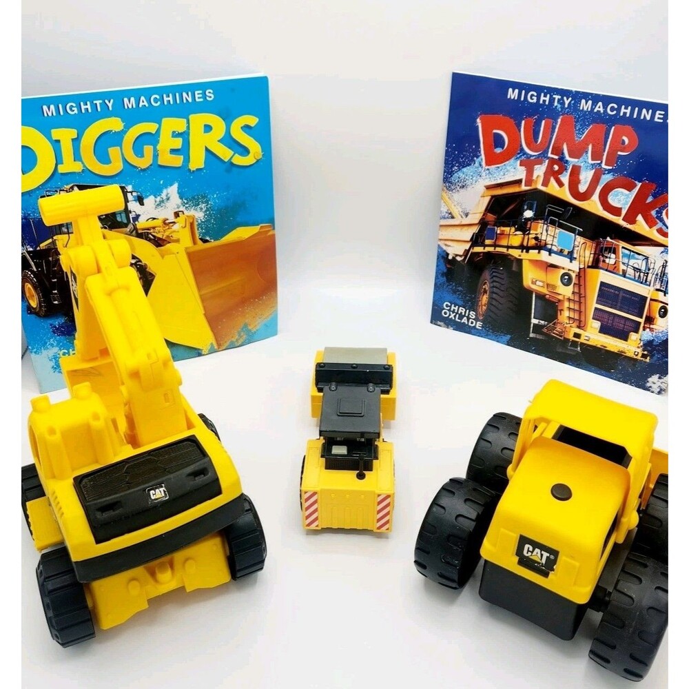 CAT Machines Lot of 3 Toy Construction Vehicles and 2 Books